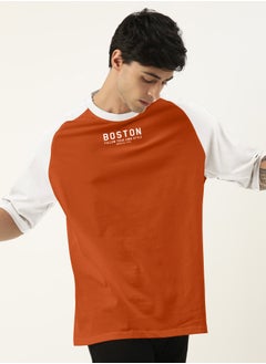 Maniac Mens Printed Round Neck raglan 3/4th Sleeve Rust and White Cotton Oversized Tshirt  - Image 2