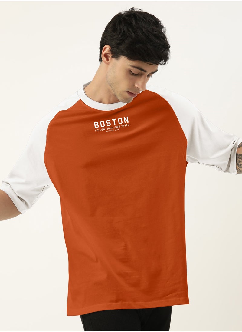 Maniac Mens Printed Round Neck raglan 3/4th Sleeve Rust and White Cotton Oversized Tshirt  - Image 2