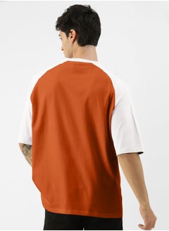 Maniac Mens Printed Round Neck raglan 3/4th Sleeve Rust and White Cotton Oversized Tshirt  - Image 4