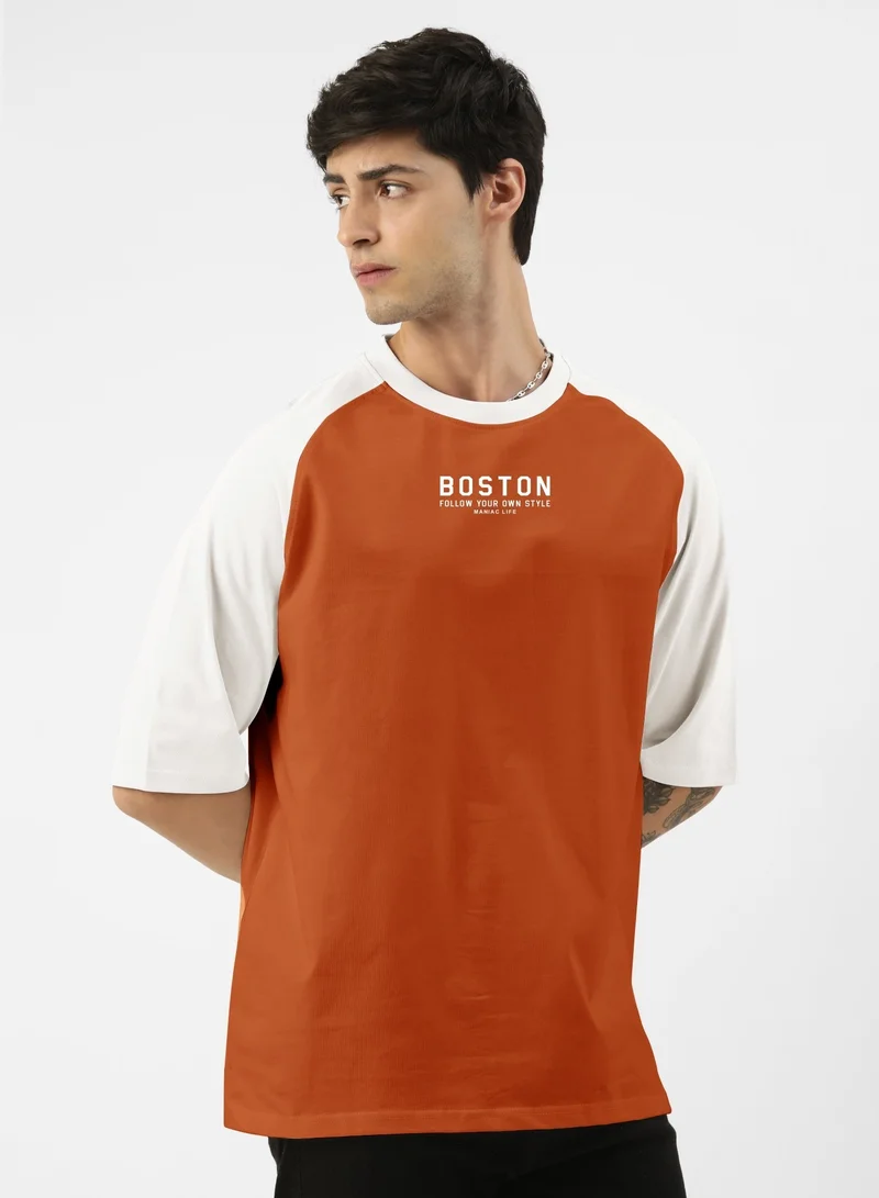 Maniac Mens Printed Round Neck raglan 3/4th Sleeve Rust and White Cotton Oversized Tshirt