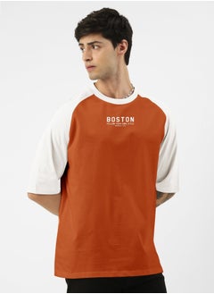 Maniac Mens Printed Round Neck raglan 3/4th Sleeve Rust and White Cotton Oversized Tshirt  - Image 3