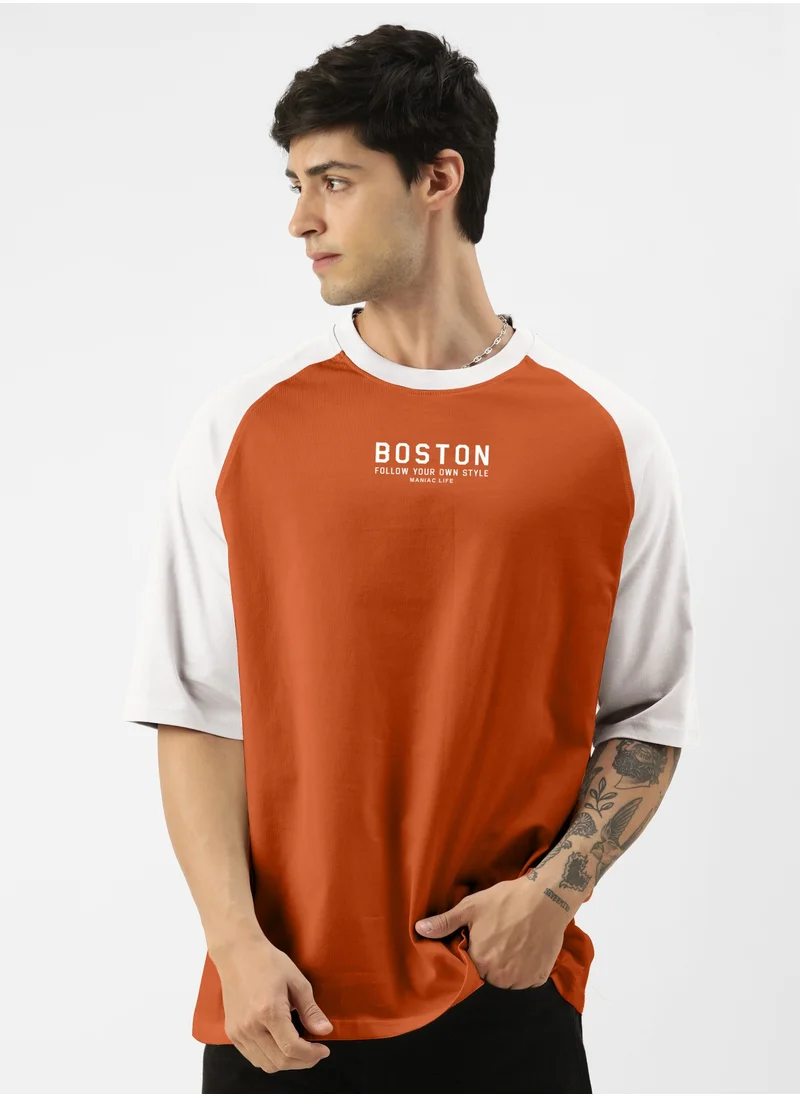 مانياك Mens Printed Round Neck raglan 3/4th Sleeve Rust and White Cotton Oversized Tshirt