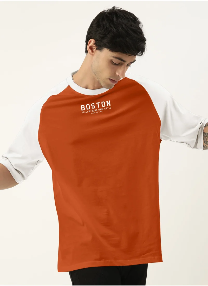 مانياك Mens Printed Round Neck raglan 3/4th Sleeve Rust and White Cotton Oversized Tshirt