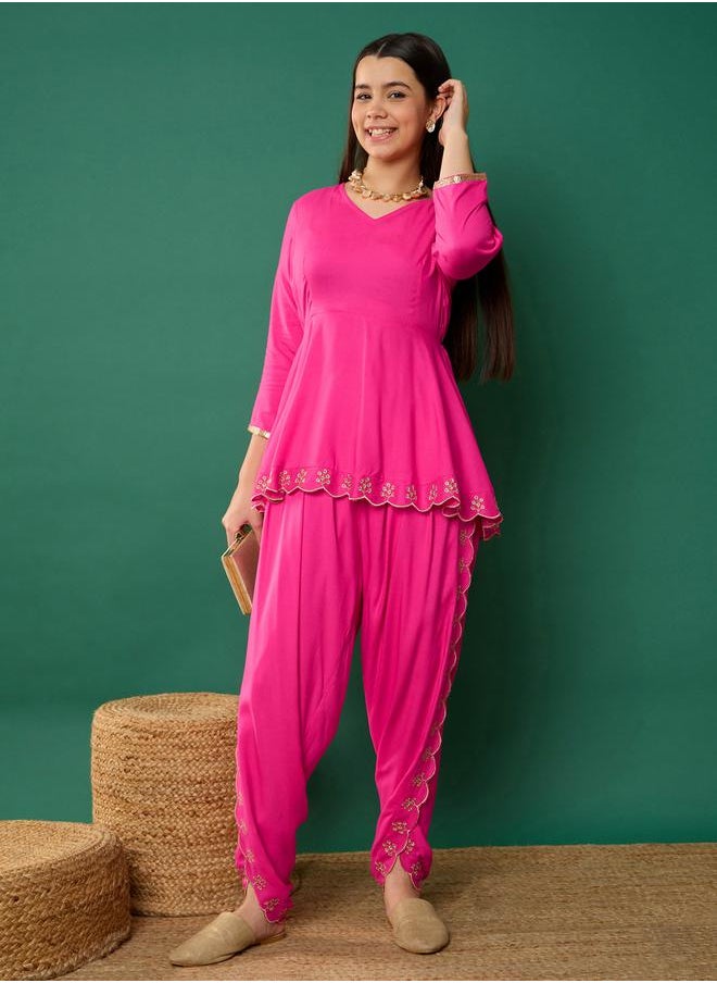 NOH.VOH Embroidered Detail Peplum Top and Dhoti Pants Set by Styli 