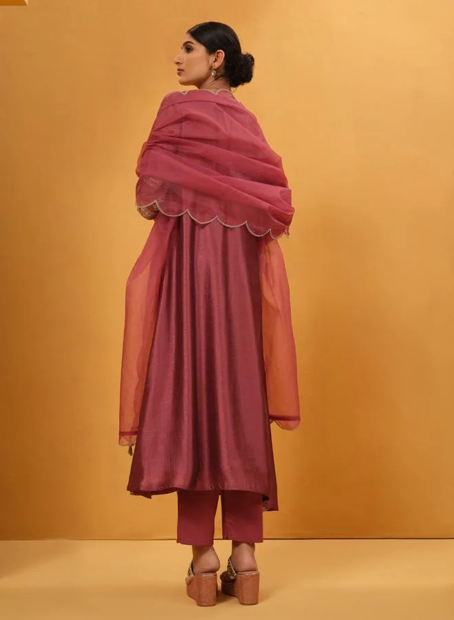 ISHIN Women's Peach Silk Blend Embellished A-Line Kaftan Upperwear Calf Length Palazzo Bottomwear Flowy 3 Peice Kurta Set