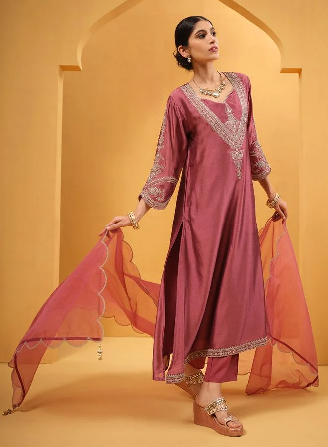 ISHIN Women's Peach Silk Blend Embellished A-Line Kaftan Upperwear Calf Length Palazzo Bottomwear Flowy 3 Peice Kurta Set