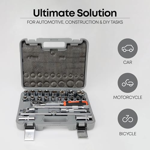 Groz 1/2" Drive 25 Pcs Hand Socket Set with Chrome Vanadium Construction | IS0 CERTIFIED | Durable and Rustproof | Hex Socket Set for Garage, DIY,Auto Workshop | KIT/HSK/1-2/25 - Image 3