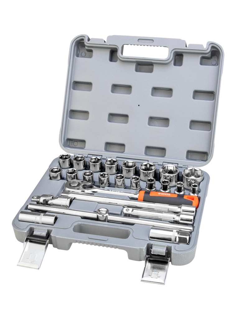 Groz 1/2" Drive 25 Pcs Hand Socket Set with Chrome Vanadium Construction | IS0 CERTIFIED | Durable and Rustproof | Hex Socket Set for Garage, DIY,Auto Workshop | KIT/HSK/1-2/25 - Image 1