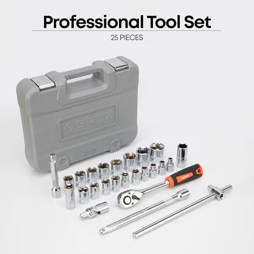 Groz 1/2" Drive 25 Pcs Hand Socket Set with Chrome Vanadium Construction | IS0 CERTIFIED | Durable and Rustproof | Hex Socket Set for Garage, DIY,Auto Workshop | KIT/HSK/1-2/25 - Image 2