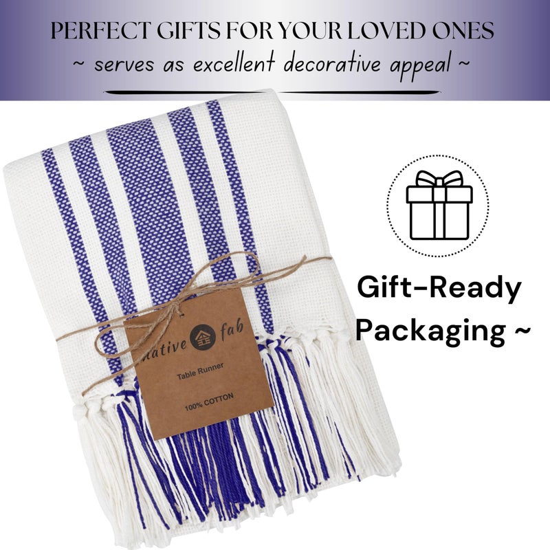 Native Fab Blue Stripe Table Runner - 90 Inches Long Boho Table Covers with Tassels - 100% Cotton, Tight Weave, Nonslip Tablerunner for Dining, Kitchen, Dresser, Wedding, 14"x90" - Blue and White - Image 2