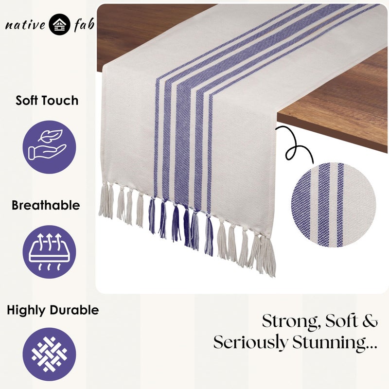 Native Fab Blue Stripe Table Runner - 90 Inches Long Boho Table Covers with Tassels - 100% Cotton, Tight Weave, Nonslip Tablerunner for Dining, Kitchen, Dresser, Wedding, 14"x90" - Blue and White - Image 4
