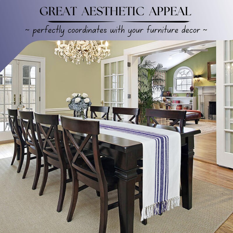 Native Fab Blue Stripe Table Runner - 90 Inches Long Boho Table Covers with Tassels - 100% Cotton, Tight Weave, Nonslip Tablerunner for Dining, Kitchen, Dresser, Wedding, 14"x90" - Blue and White - Image 3