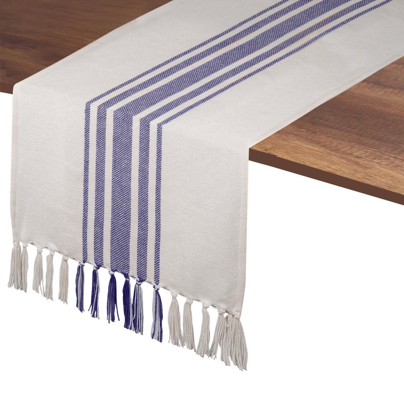 Native Fab Blue Stripe Table Runner - 90 Inches Long Boho Table Covers with Tassels - 100% Cotton, Tight Weave, Nonslip Tablerunner for Dining, Kitchen, Dresser, Wedding, 14"x90" - Blue and White - Image 1