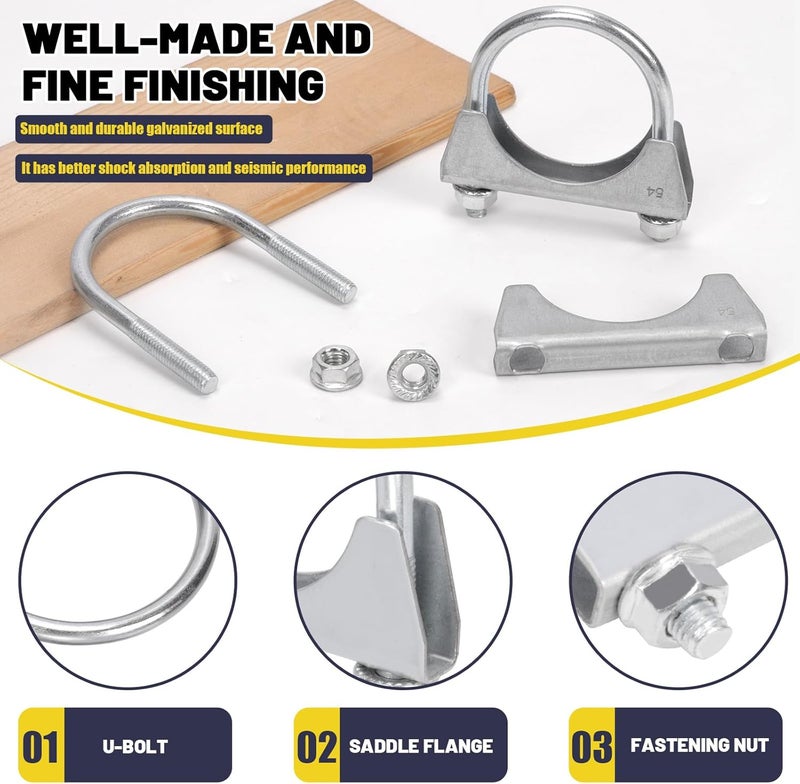 Mardatt 2Pcs 2-1/8"(54mm) Exhaust U Clamp, Muffler U-Bolt Clamps, U Bolt Saddle Exhaust Clamp, U Bolt Muffler Tip Exhaust Hook Exhaust Clip U Bolt Clamp for Exhaust System - Image 3