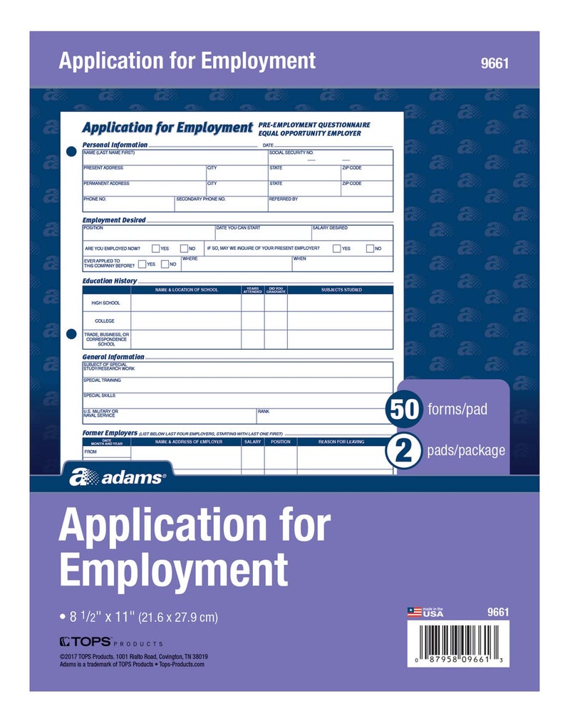Adams Bilingual Employee Application 85 x 11 Inches White 2Pack 9661ES