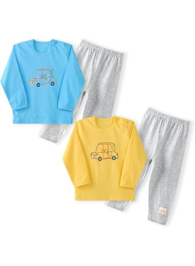 AIWANTO 2 Set Baby Boy Car Embroidered Design Cotton Pajama Set Long Sleeves & Pants Set Yellow & Blue (15-24months)