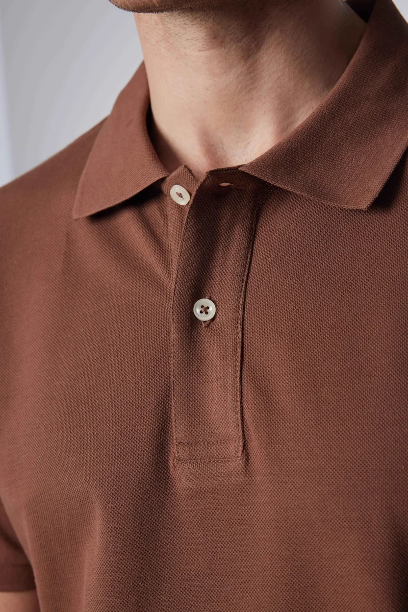 تودورس Men's Slim Fit Narrow Cut 100% Cotton Plain Pique Brown Polo Collar T-Shirt