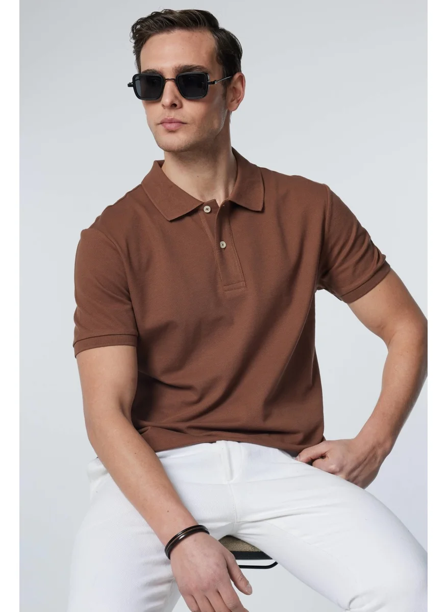 تودورس Men's Slim Fit Narrow Cut 100% Cotton Plain Pique Brown Polo Collar T-Shirt