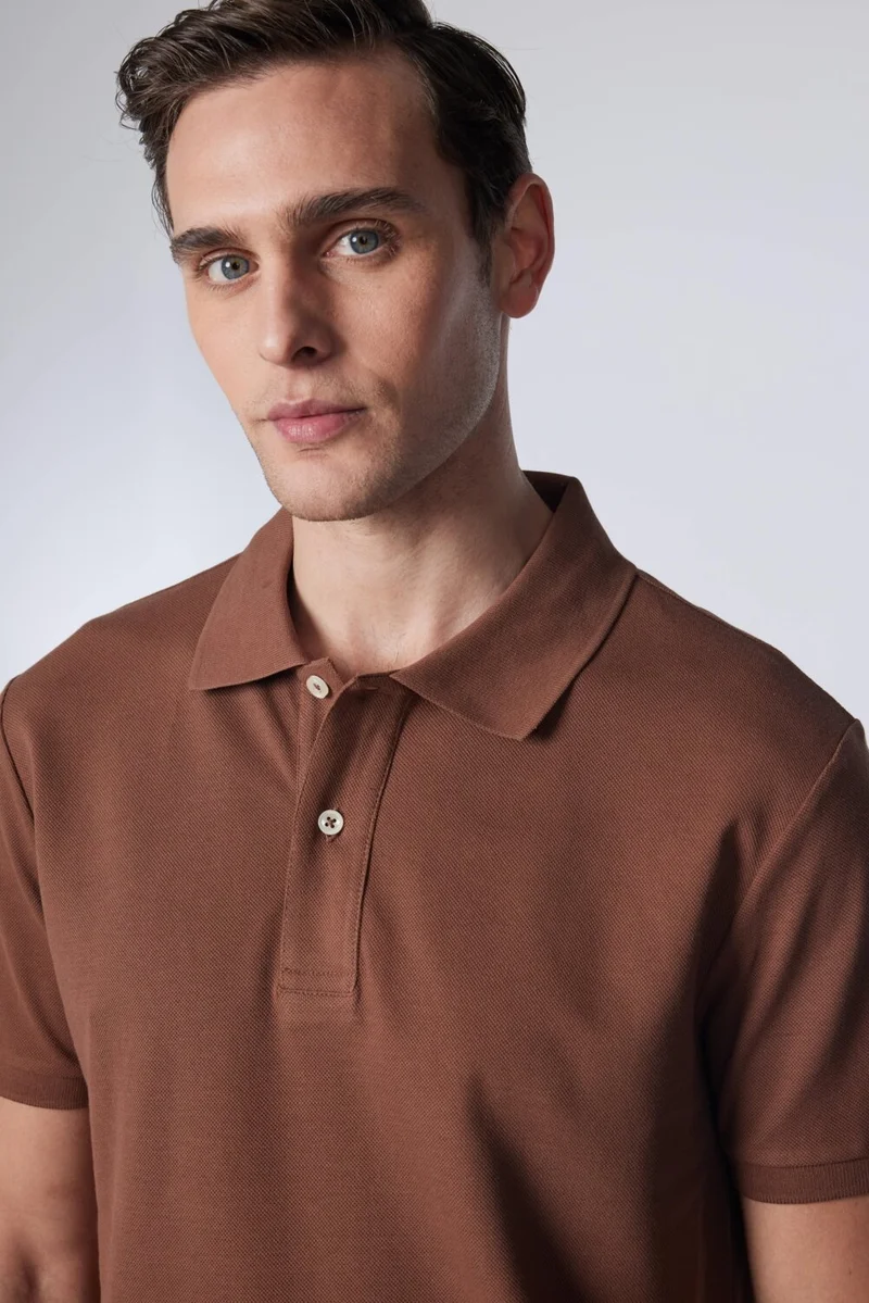 تودورس Men's Slim Fit Narrow Cut 100% Cotton Plain Pique Brown Polo Collar T-Shirt