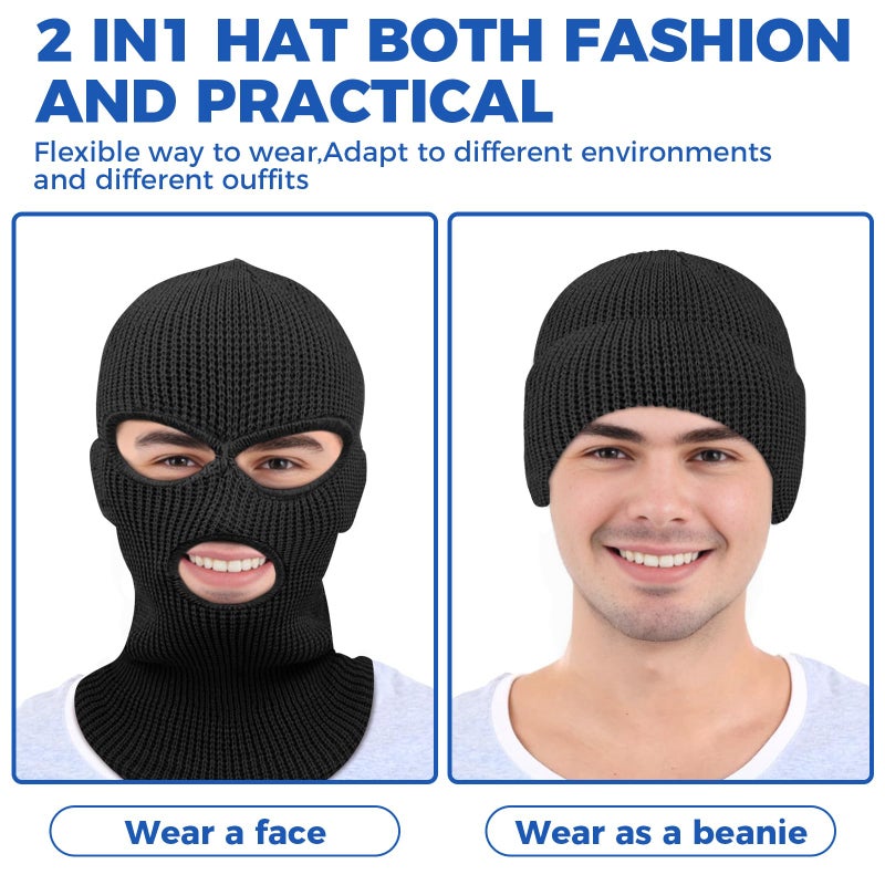 AURUZA 3 Hole Winter Knitted Mask, Full Face Cover Ski Scarf Mask Warm Balaclava for Adult Skiing, Motorcycle, UV Protection, Wind Protection 1234 Black - Image 4