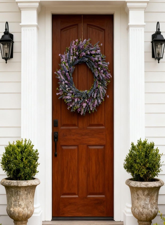 Egolot 26 Inch Purple Lavender Flower Wreath for Front Door, Spring Summer Forsythia Lavender Flowers Wreath for Indoor and Outdoor Decor, Rustic and Farmhouse Purple for Home - Image 3