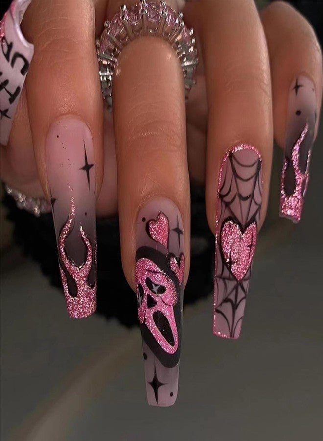 NICENEEDED 24 PCS Halloween Press on Nails, Long Coffin Fake Nails with Cute Ghost Designs, Heart Flame Spider Skull False Nail for Women Manicure Art - Image 1