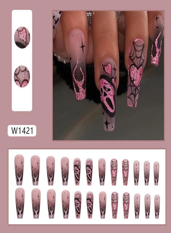 NICENEEDED 24 PCS Halloween Press on Nails, Long Coffin Fake Nails with Cute Ghost Designs, Heart Flame Spider Skull False Nail for Women Manicure Art - Image 3
