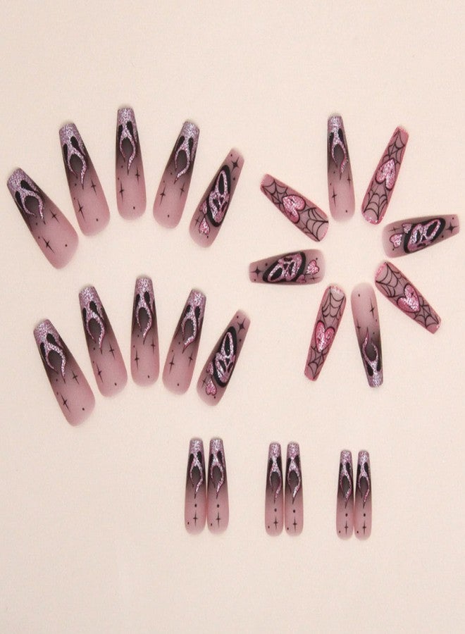 NICENEEDED 24 PCS Halloween Press on Nails, Long Coffin Fake Nails with Cute Ghost Designs, Heart Flame Spider Skull False Nail for Women Manicure Art - Image 4