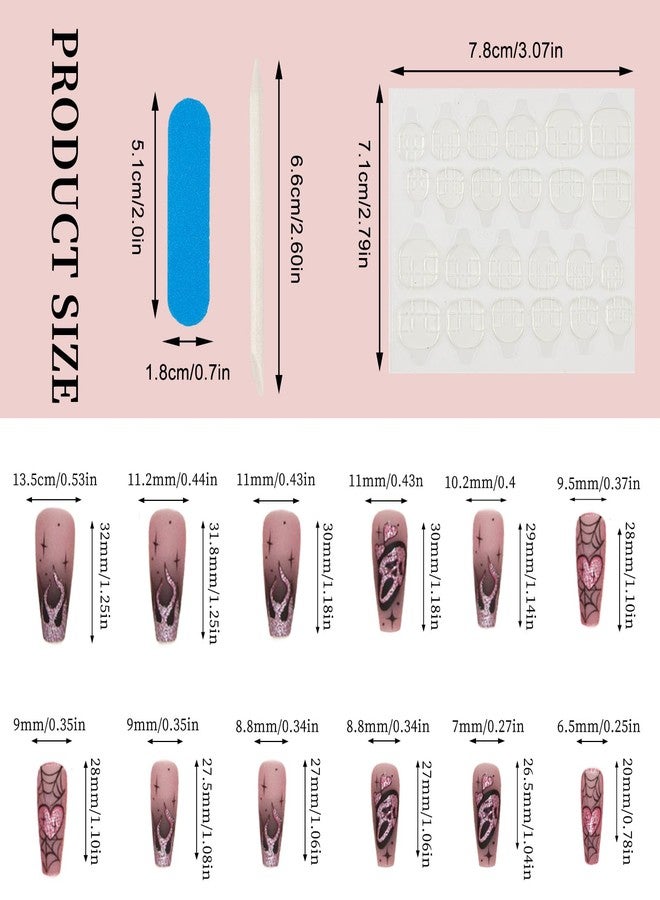 NICENEEDED 24 PCS Halloween Press on Nails, Long Coffin Fake Nails with Cute Ghost Designs, Heart Flame Spider Skull False Nail for Women Manicure Art - Image 2