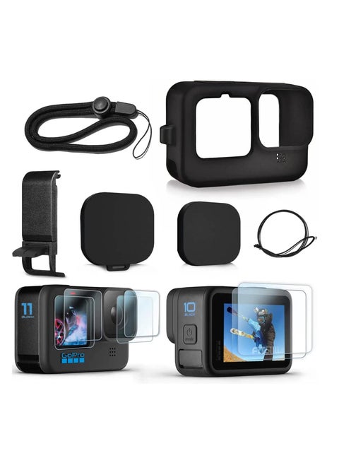 Silicone Sleeve Case for Go Pro Hero 12 11/ Hero 10 /Hero 9 Black, Battery Side Cover, Screen Protectors,Lens Caps ,Lanyard for Go Pro Hero11 Hero10 Hero9 Accessories Kit
