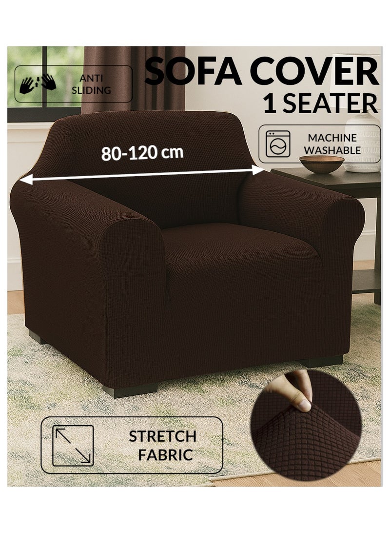 فابينني غطاء أريكة عالي التمدد بمقعد واحد، غطاء أريكة من القماش الناعم المصقول، تغطية كاملة رائعة لحماية الأثاث، غطاء منزلق، مقعد واحد يناسب الأريكة القياسية والأريكة القابلة للاستلقاء مقاس 80-120 سم بني - Image 1