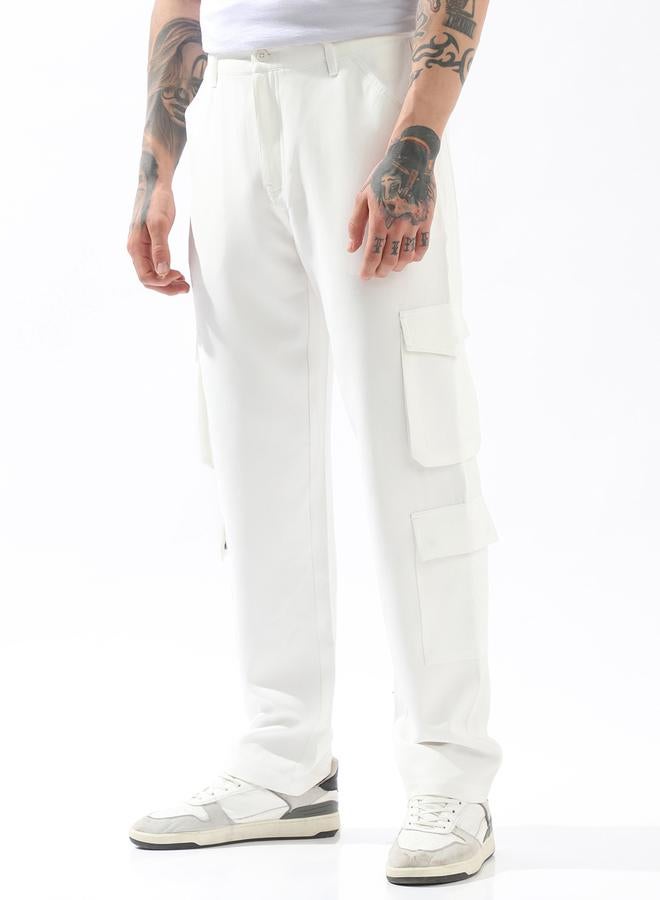 HIGH STAR Off-white Trousers Solid Button Woven Full Cargo Mid-Rise for Men – Make every day iconic - Image 3