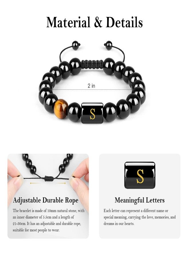 SKYBD Initials Bracelet for Men,10mm Handmade Pure Natural Black Onyx Tiger Eye Letter Link Bracelet Meaningful Bracelet, Birthday Graduation Gifts for Husband/Boyfriend/Dad/Son - Image 3