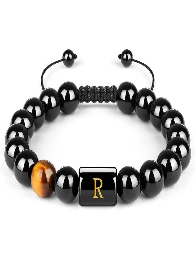 SKYBD Initials Bracelet for Men,10mm Handmade Pure Natural Black Onyx Tiger Eye Letter Link Bracelet Meaningful Bracelet, Birthday Graduation Gifts for Husband/Boyfriend/Dad/Son - Image 1