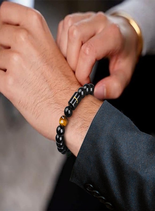 SKYBD Initials Bracelet for Men,10mm Handmade Pure Natural Black Onyx Tiger Eye Letter Link Bracelet Meaningful Bracelet, Birthday Graduation Gifts for Husband/Boyfriend/Dad/Son - Image 2