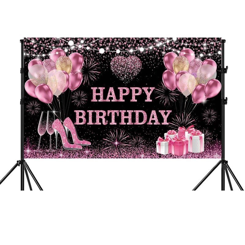 YinQin 180x120 cm Pink Golden Happy Birthday Backdrops Cloth 71x47 inch Bday Party Photography Backgrounds Glitter Black Rose Golden Happy Birthday Sign Banner Decoration for Women Girl - Image 2