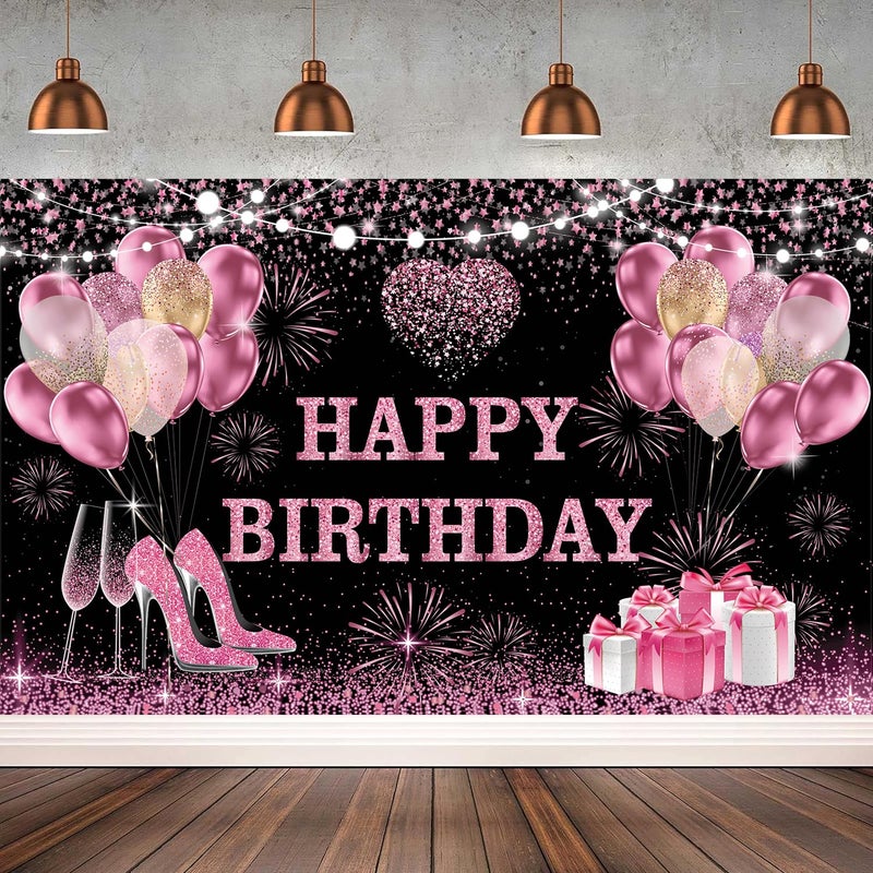 YinQin 180x120 cm Pink Golden Happy Birthday Backdrops Cloth 71x47 inch Bday Party Photography Backgrounds Glitter Black Rose Golden Happy Birthday Sign Banner Decoration for Women Girl - Image 5