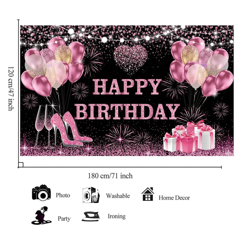 YinQin 180x120 cm Pink Golden Happy Birthday Backdrops Cloth 71x47 inch Bday Party Photography Backgrounds Glitter Black Rose Golden Happy Birthday Sign Banner Decoration for Women Girl - Image 4