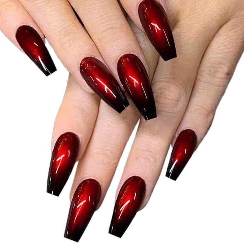 Outyua Halloween Red Black Press on Nails Ombre Coffin Fake Nails Long False nails with Designs Acrylic Witch Ghost Nails for Women and Girls 24Pcs Red  Black