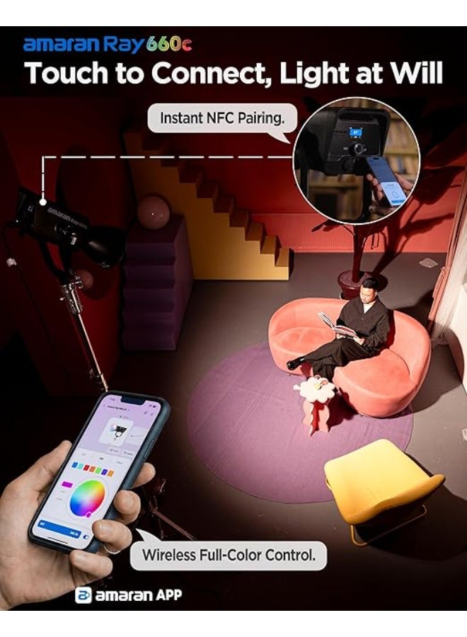 عماران Amaran Ray 660c، ضوء فيديو LED كامل الألوان بقوة 660 وات، مزوّد بمحرك OmniColor ونطاق حرارة لون من 2,300K إلى 10,000K. يتميز هذا الضوء الاستوديوي القوي بتشغيل AC مدمج، مقاومة الطقس بمعيار IP54، ودعم التحكم عبر التطبيق أو DMX، مع قاعدة Bowens لتركيب المعدّلات المختلفة. - Image 5