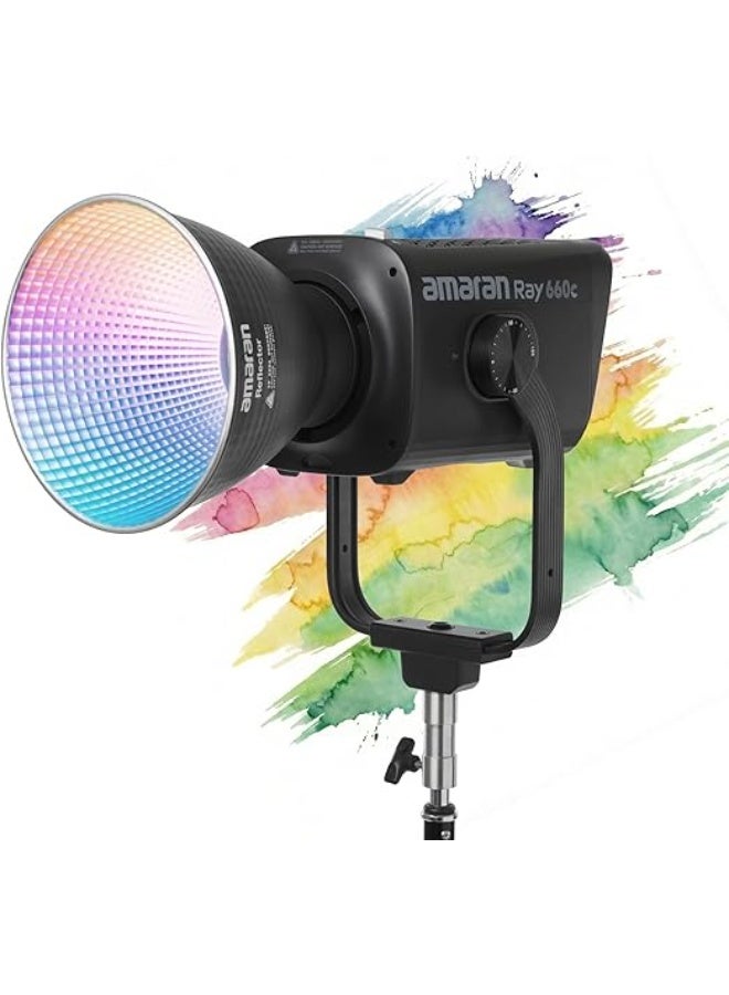 عماران Amaran Ray 660c، ضوء فيديو LED كامل الألوان بقوة 660 وات، مزوّد بمحرك OmniColor ونطاق حرارة لون من 2,300K إلى 10,000K. يتميز هذا الضوء الاستوديوي القوي بتشغيل AC مدمج، مقاومة الطقس بمعيار IP54، ودعم التحكم عبر التطبيق أو DMX، مع قاعدة Bowens لتركيب المعدّلات المختلفة. - Image 1