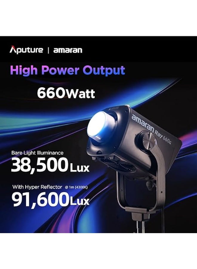 عماران Amaran Ray 660c، ضوء فيديو LED كامل الألوان بقوة 660 وات، مزوّد بمحرك OmniColor ونطاق حرارة لون من 2,300K إلى 10,000K. يتميز هذا الضوء الاستوديوي القوي بتشغيل AC مدمج، مقاومة الطقس بمعيار IP54، ودعم التحكم عبر التطبيق أو DMX، مع قاعدة Bowens لتركيب المعدّلات المختلفة. - Image 3