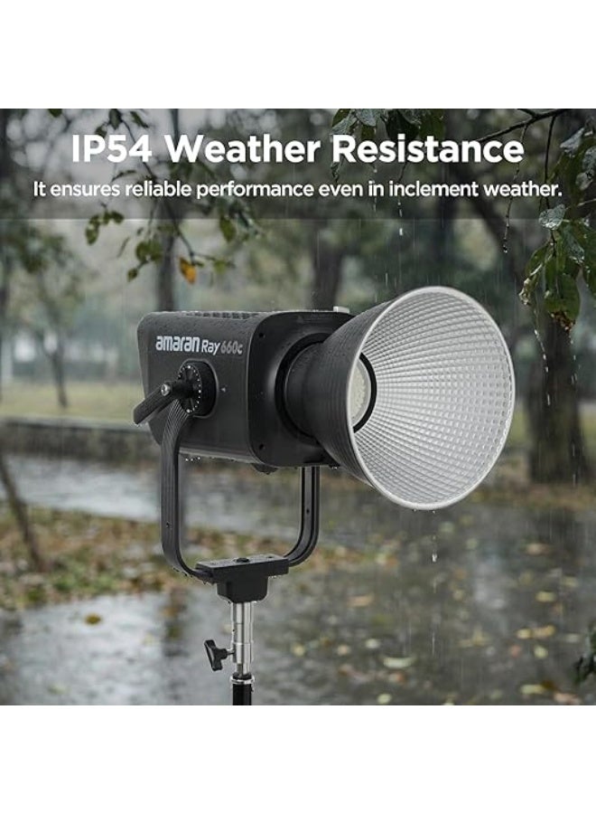 عماران Amaran Ray 660c، ضوء فيديو LED كامل الألوان بقوة 660 وات، مزوّد بمحرك OmniColor ونطاق حرارة لون من 2,300K إلى 10,000K. يتميز هذا الضوء الاستوديوي القوي بتشغيل AC مدمج، مقاومة الطقس بمعيار IP54، ودعم التحكم عبر التطبيق أو DMX، مع قاعدة Bowens لتركيب المعدّلات المختلفة. - Image 4