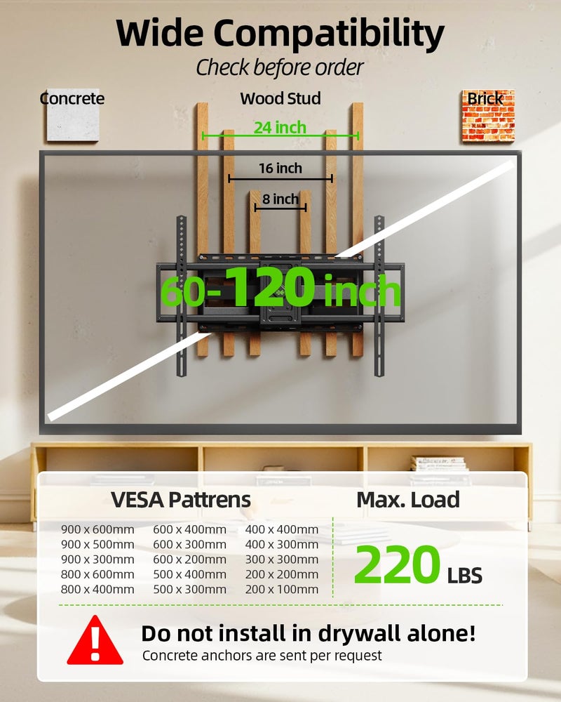 USX MOUNT Heavy Duty Full Motion TV Wall Mount for 60-120 Inch TVs, Holds 220lbs, 28" Extension Wall Bracket, Preassembled TV Mount for 65" 75" 85" 90" 98" 100", Max VESA 900x600mm, Fits 12-24" Studs - Image 3