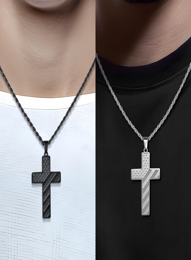Romass 2Pcs Cross Necklace for Men Boys, 1:9 Baptism Religious Christian First Communion Confirmation Stainless Steel American Flag Silver Black Chain Gifts Jewelry - Image 2
