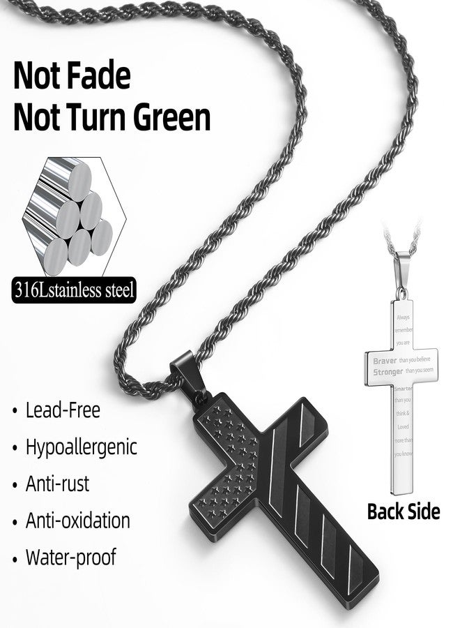 Romass 2Pcs Cross Necklace for Men Boys, 1:9 Baptism Religious Christian First Communion Confirmation Stainless Steel American Flag Silver Black Chain Gifts Jewelry - Image 3