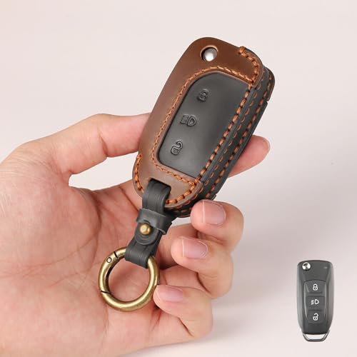keyzone dual leather key cover for Tata Curvv, Nexon, Harrier, Altroz, Punch, Safari, Tigor, Tiago, Zest, Bolt 3 button flip key (BlackBrown) - Image 1