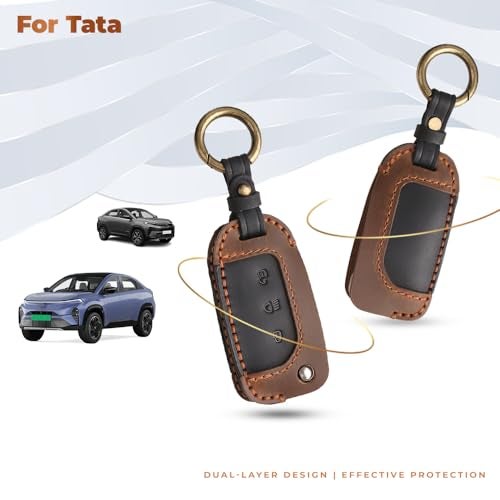 keyzone dual leather key cover for Tata Curvv, Nexon, Harrier, Altroz, Punch, Safari, Tigor, Tiago, Zest, Bolt 3 button flip key (BlackBrown) - Image 3