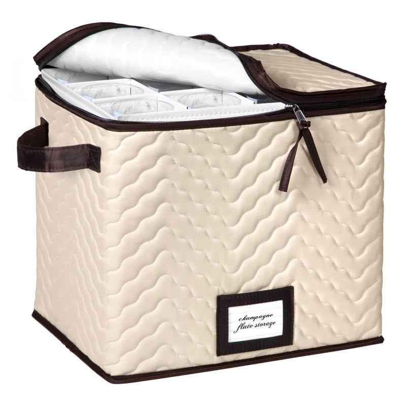 HOLDN’ STORAGE Wine Glass Storage Box with Dividers - Holds 12 Champagne Flute Glasses up to 10" Tall - Stemware Storage Case - Protects Fine China - Durable Quilted Microfiber Bin with Carry Handles - Image 1