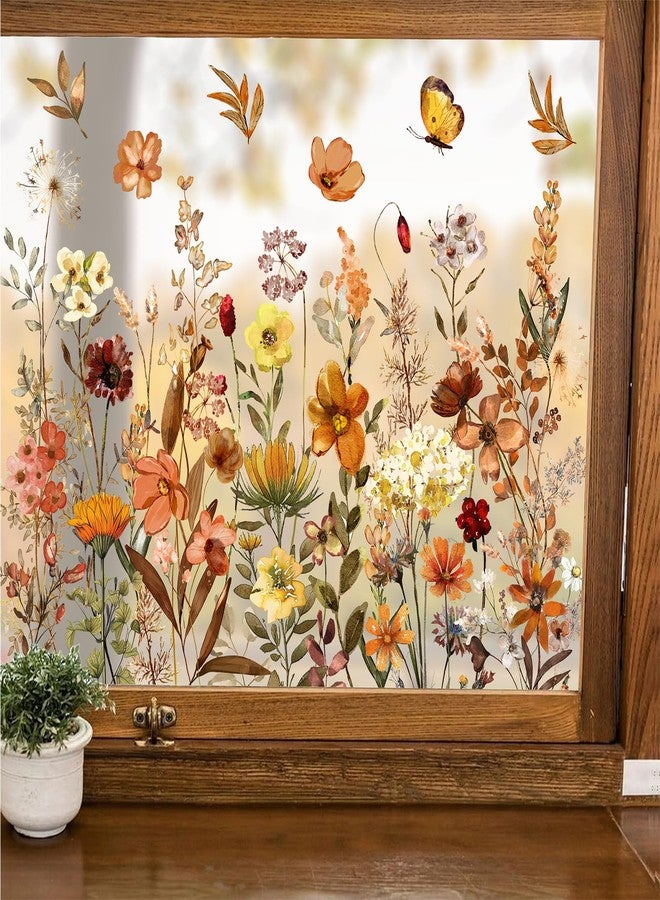 وولاين مجموعة ملصقات نوافذ من Whaline، 6 أوراق، بتصميم زهور برية خريفية، لون بني عتيق، قابلة لإعادة الاستخدام، مثالية لتزيين حفلات الخريف وعيد الشكر، المنزل، الفصل الدراسي، والمكتب. - Image 1